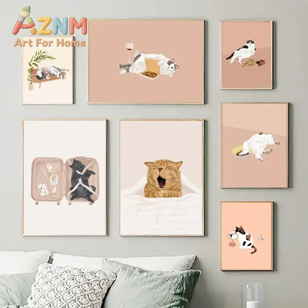 Scandinavian Simple Cat Drinking Pizza Wall Art Minimalist Print Canvas Painting Posters for Bedroom Modern Home Decor