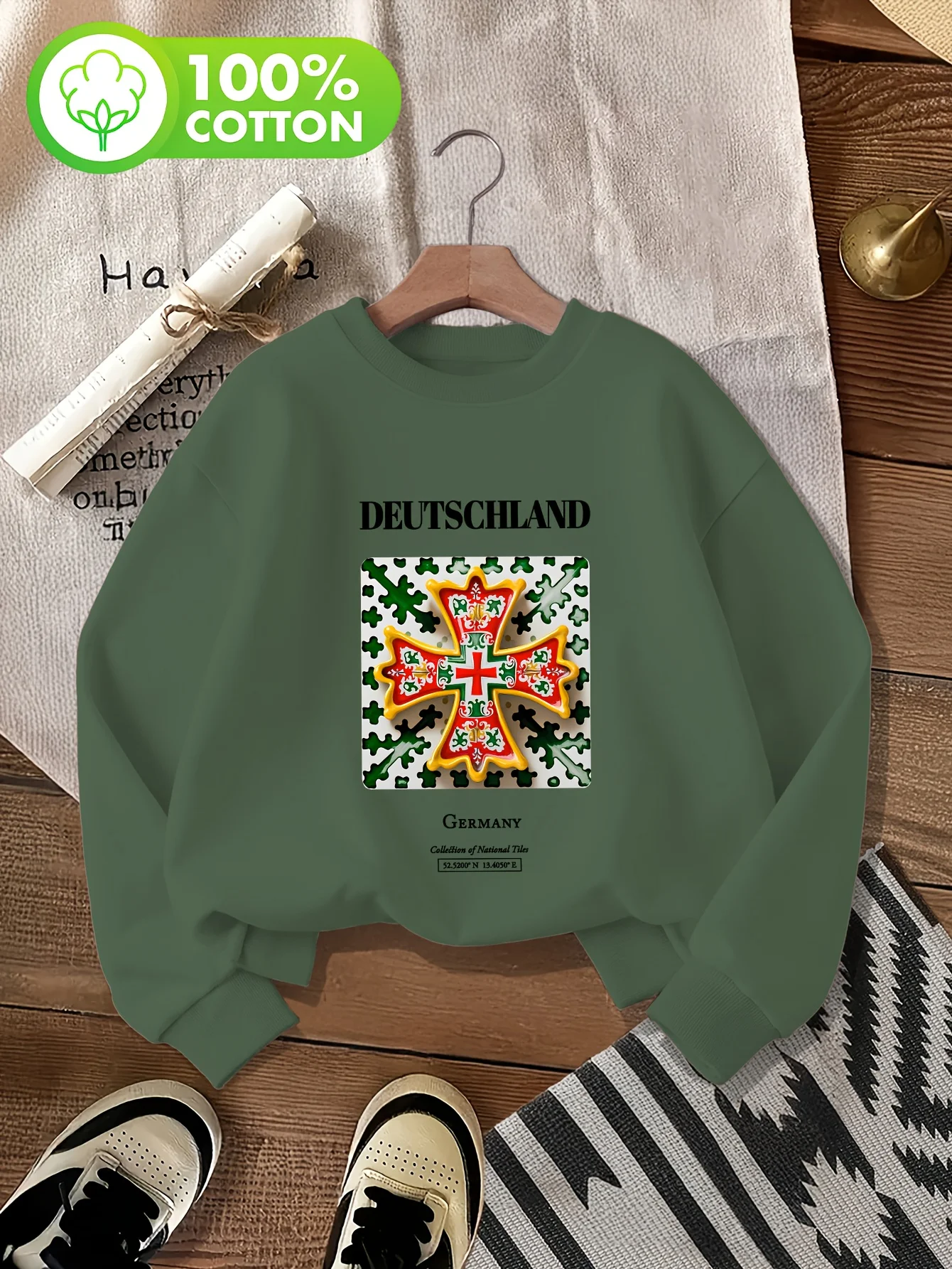 معطف Deutschland من الأسلحة مطبوع 100% قطن بدون غطاء برقبة دائرية سترة غير رسمية على الموضة بأكمام طويلة سترة ملولبة