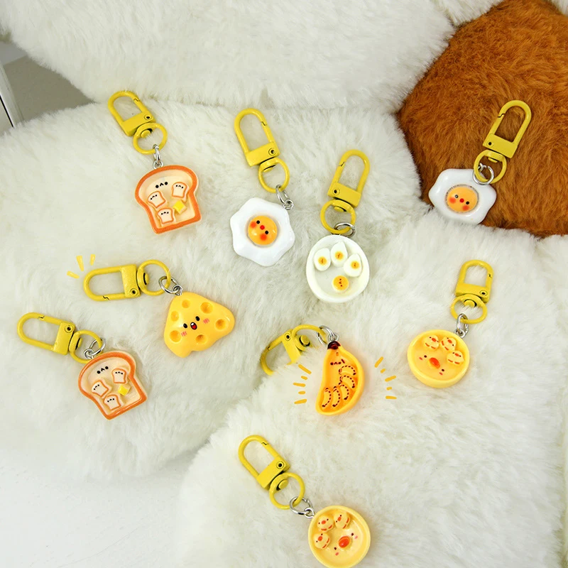 6Pcs Cute Breakfast Plate Keychain Cartoon Realistic Food Toy Pendant Small Gift Student Mini Bag Charm Keychain