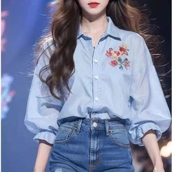 Spring Autumn New Fashion POLO Collar Long Sleeve Shirts Women's Clothing Casual Loose Embroidery Cardigan Button Korean Blouses