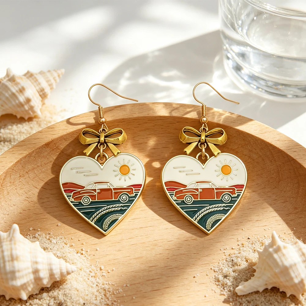 Three Types of European and American Retro Heart-Shaped Oil-Drip Earrings, Gold Bow Pendants, Seaside Highway Car Scenery Motifs, Holiday-Style Women's Earrings