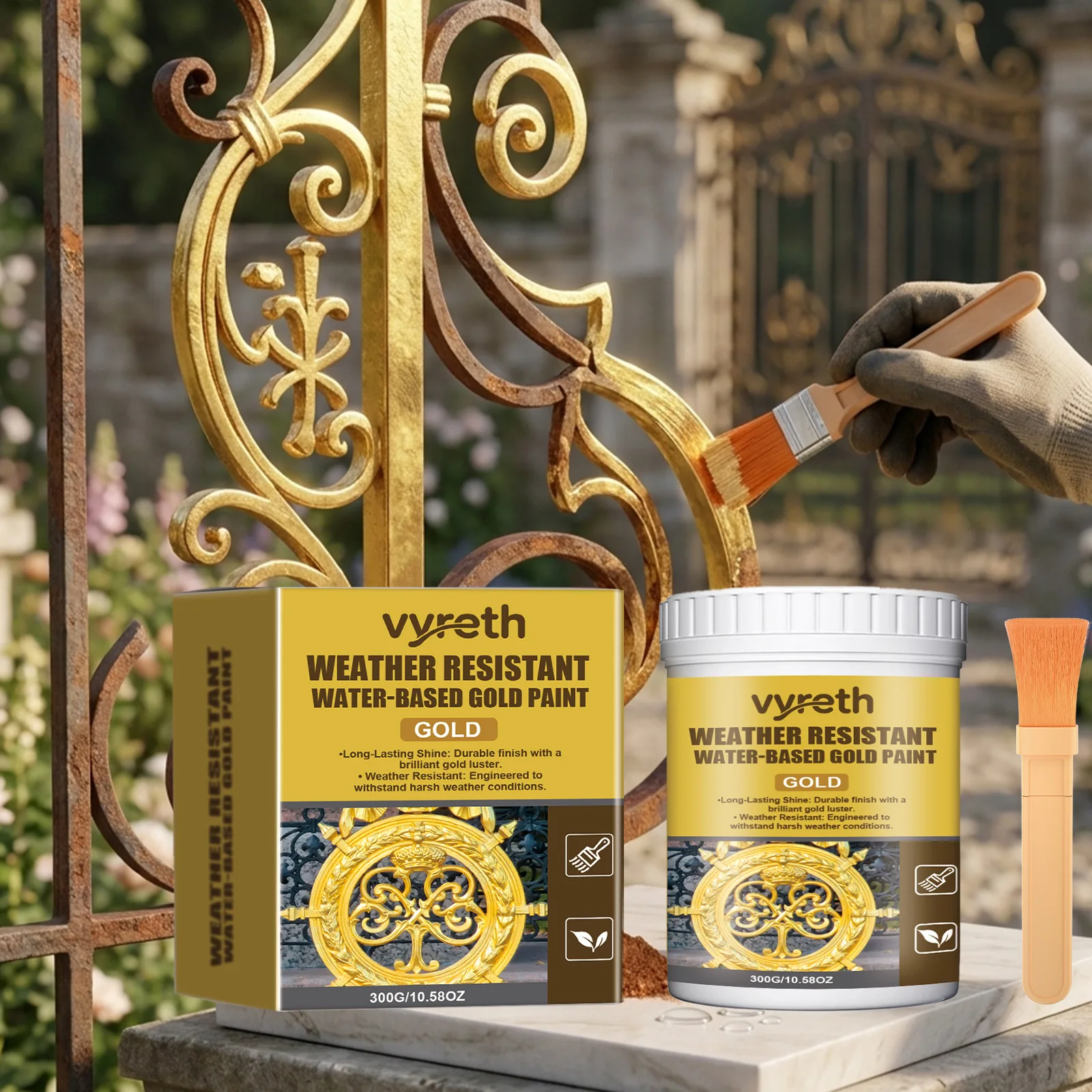 Fast Drying Water-Based Gold Paint 300g Waterproof Metallic Acrylic Paint for Indoor and Outdoor Wall Metal Renovation