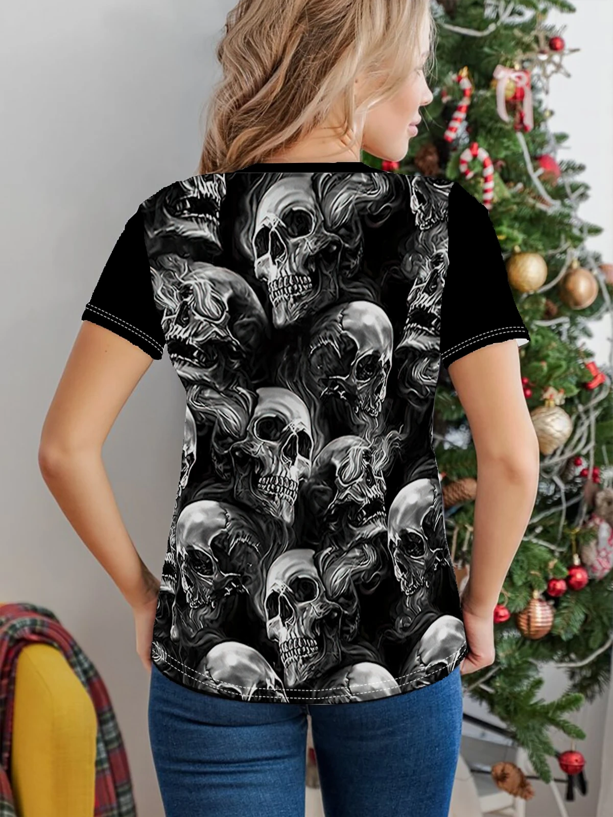 Skull Head Print T-shirt, Casual Crew Neck Short Sleeve Top For Spring & Summer, Women's Clothing