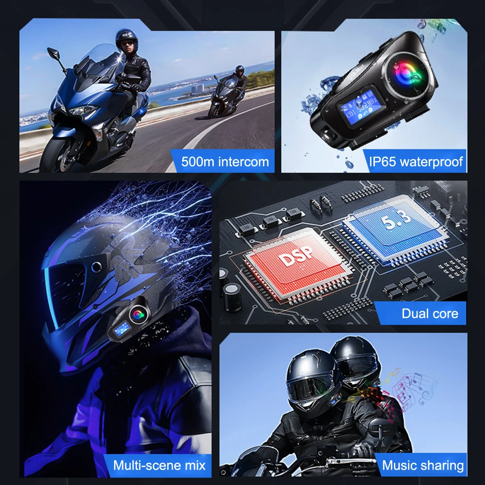 NEW Motorcycle Helmet Bluetooth Intercom LCD Display Multi-Scene Mixed Music Sharing FM Radio For 2 Rider 500m intercom