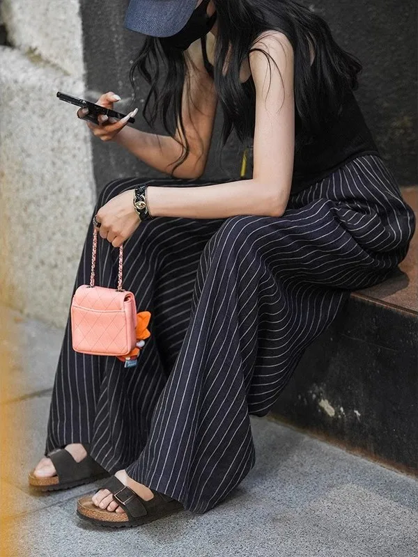 American Retro Striped Casual Wide Leg Pants Women Summer New Design Sensation Drapey Outerwear Loose Slimming Walking Pants