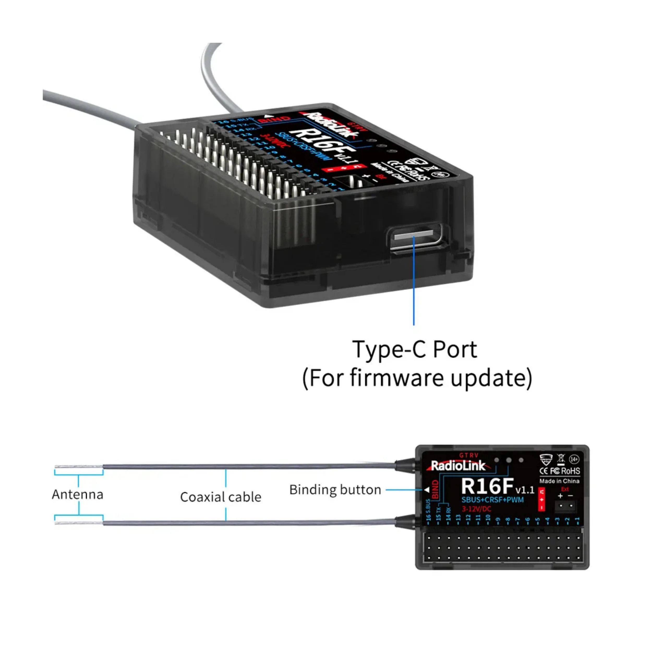 RadioLink R16F 2.4GHz 16CH Receiver Supports SBUS CRSF PWM for T16D/T12D/T8FB/T8S/RC8X/RC6GS V3/RC4GS V3 Radios view 3
