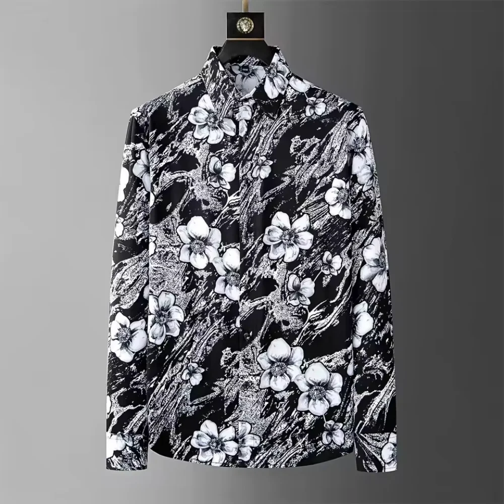New Crown Printed Design Shirt Men's Long Sleeve Casual Shirt Light Luxury Fashion Pop Plus Men's Button Collar Shirt