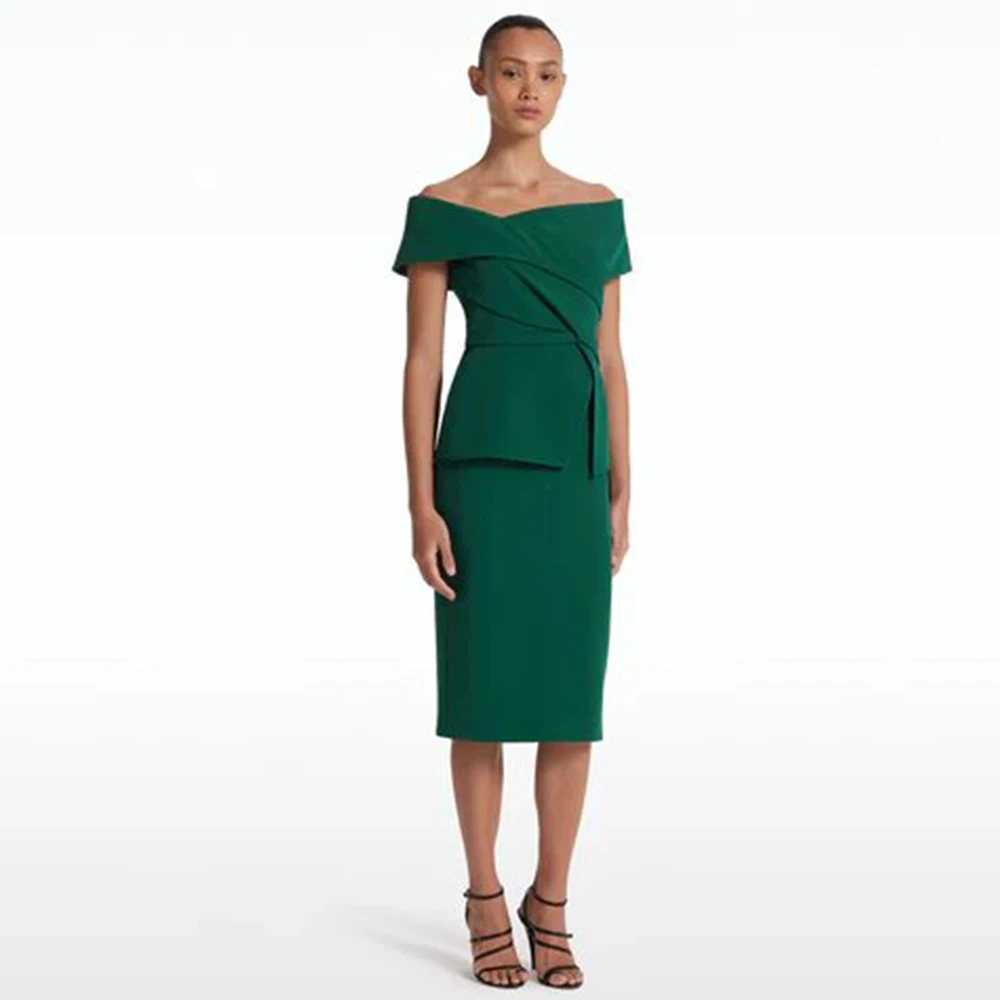 

Modern Women's Cocktail Party Gowns Green Jersey Tiered Bespoke Occasion Gown Column Off-the-shoulder Midi Dresses 2024