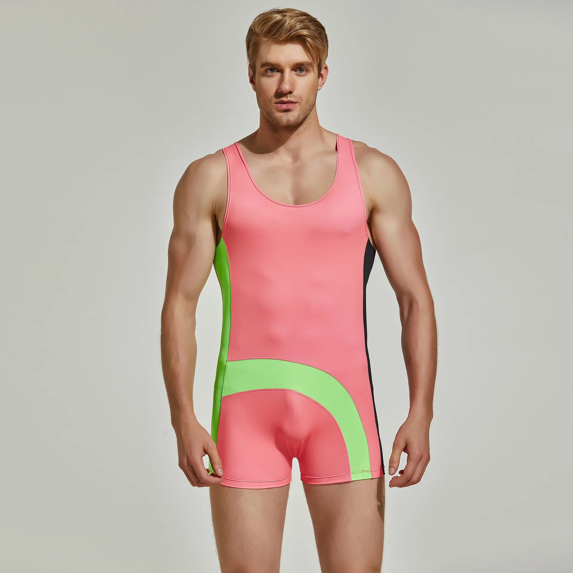 Men's sports jumpsuit shorts, nylon tight fitting fitness training one piece vest