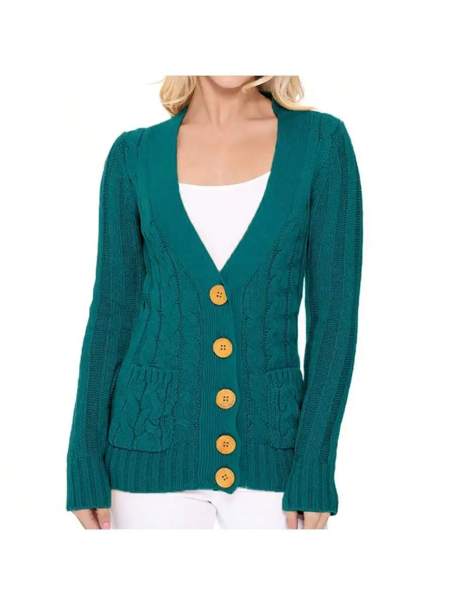 

Women Long Sleeve V-Neck Cable Knit Cardigan With Two Pockets Casual Sweater