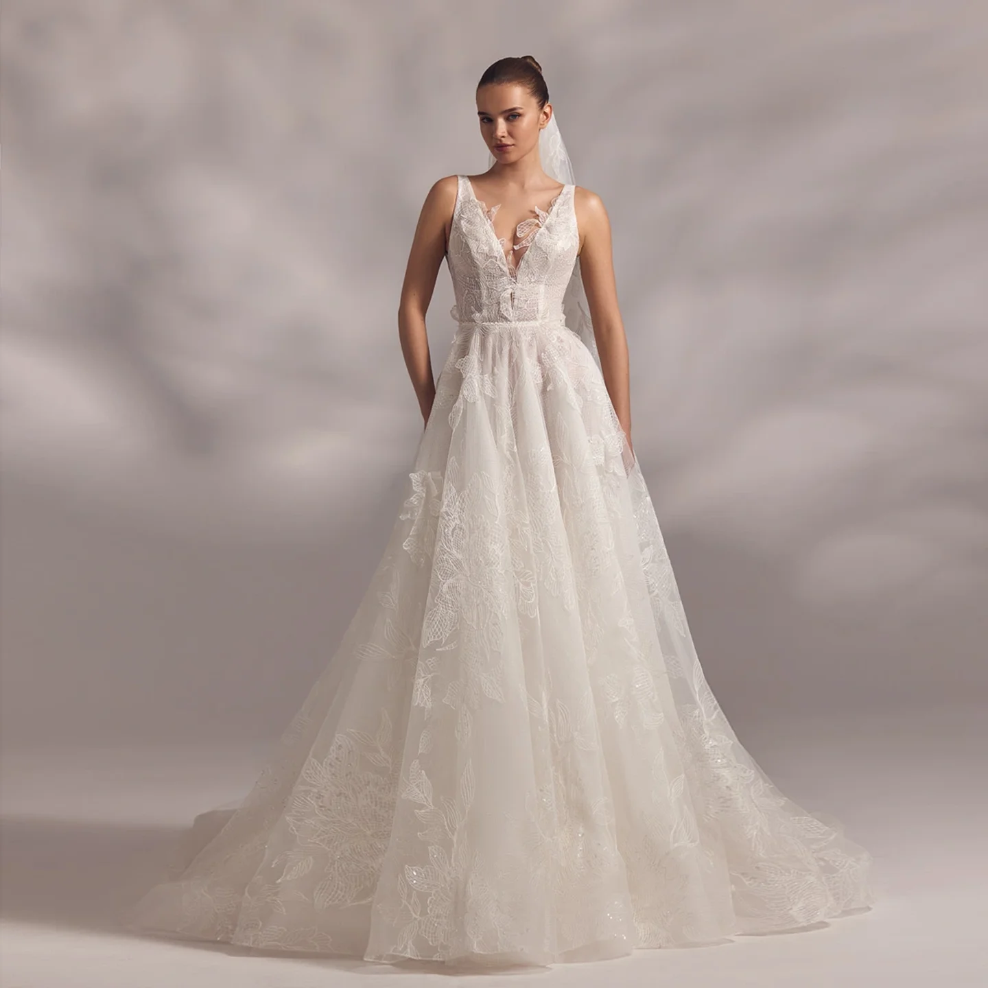 

Sharon Said Sexy Deep V-Neck A-Line Off White Wedding Dress 2025 Boho Tulle Sleeveless Court Train Bride Gowns SW247 Customized