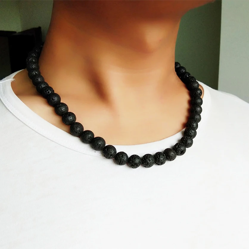 Fashion Vintage Beaded Choker Necklace Men Elastic Rope 8mm Natural Black Lava Stone Beads Necklace Simple Rock Jewelry