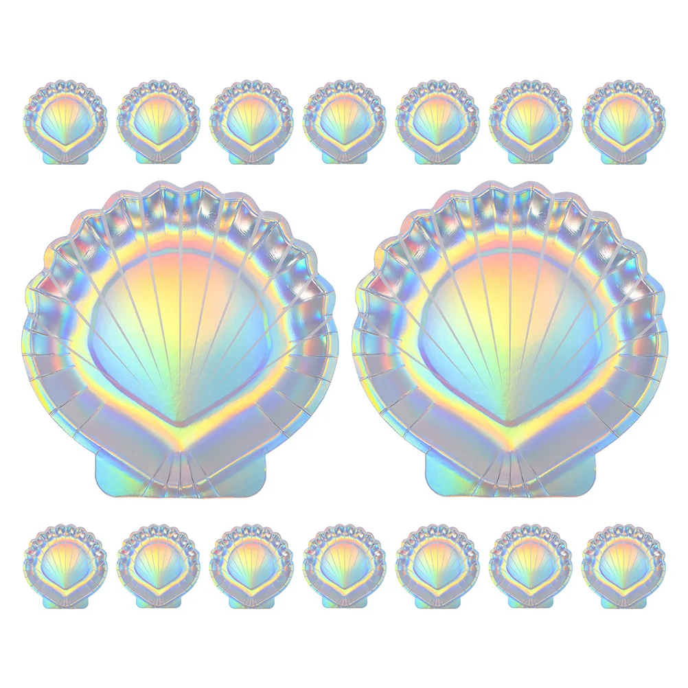

16pcs Shell Shaped Paper Plates Disposable Holographic Decorative Mermaid Party Supplies For Birthday Holiday Food Serving