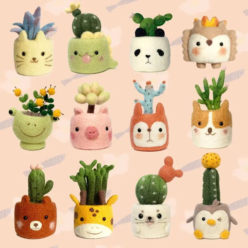 Cute Animal Potted Wool Felt Poking Music, DIY Yarn Material Package, Handmade Birthday Gift for Beginners, Creative Home Decor