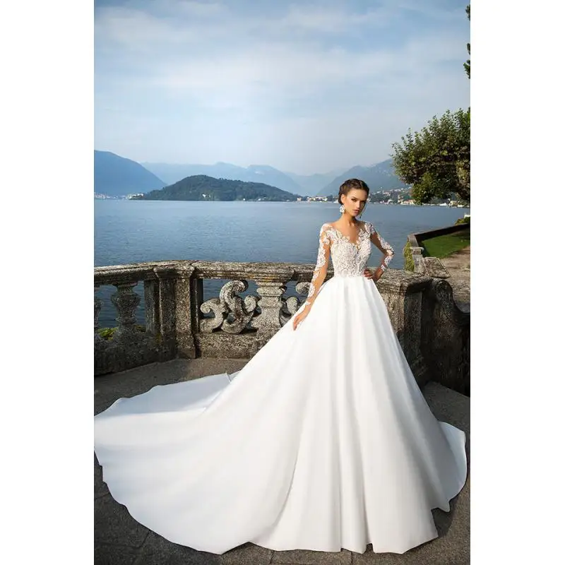 New Wedding Dress With Long Sleeves Satin Fabric High Waist Simple Half Perspective Dress Long Tail Slimming Dress Customized