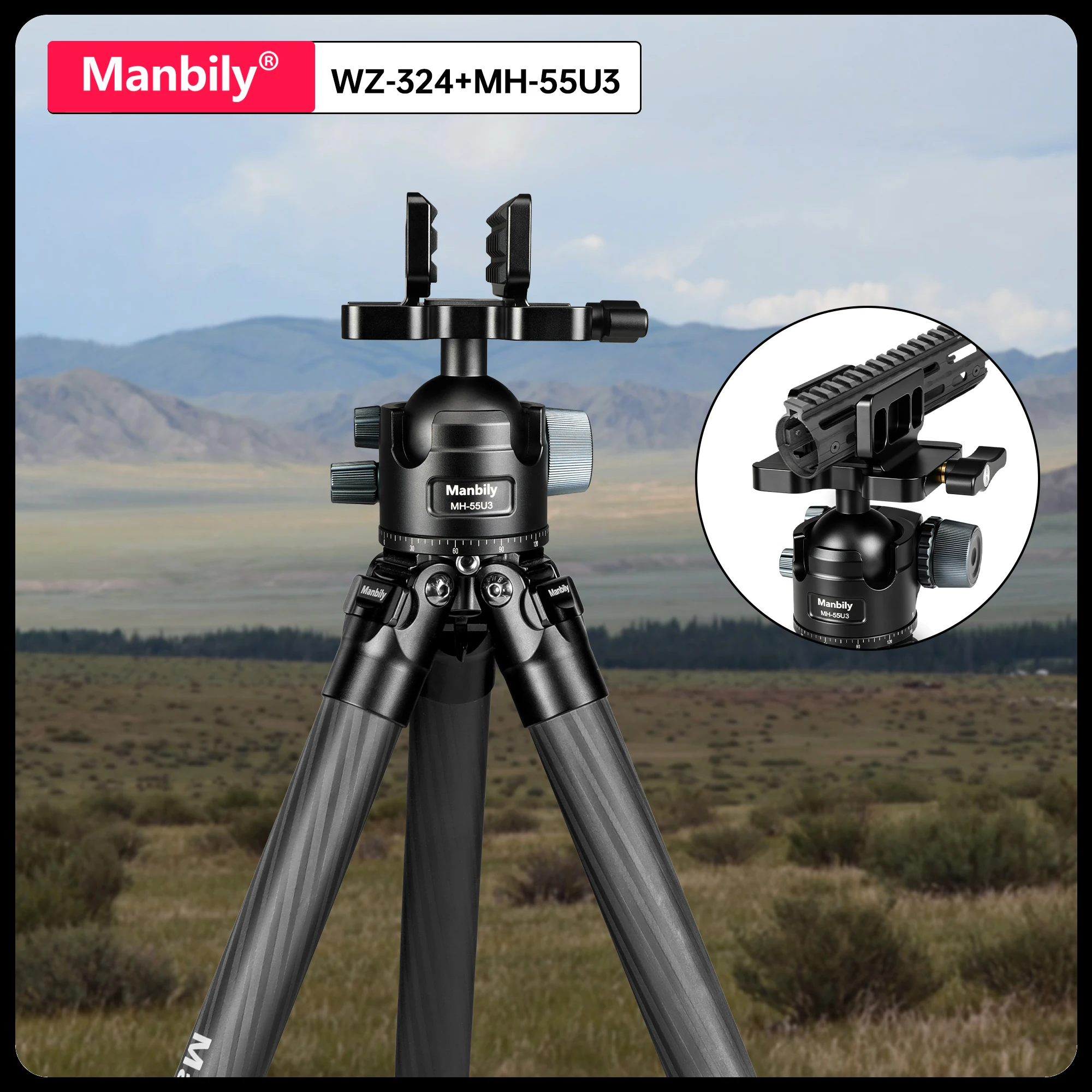 Manbily WZ-324+MH-55U3 63.9 Inch Carbon Fiber Tripods with 55mm Ball Head Load 30kg Heavy Duty Outdoor Tripod for Hunting