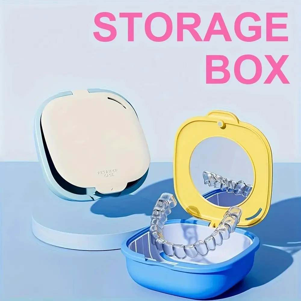 

With Mirror Retainer Case with Drain Basket Breathable Dental Denture Organizer Protective Multifunctional False Teeth Holder