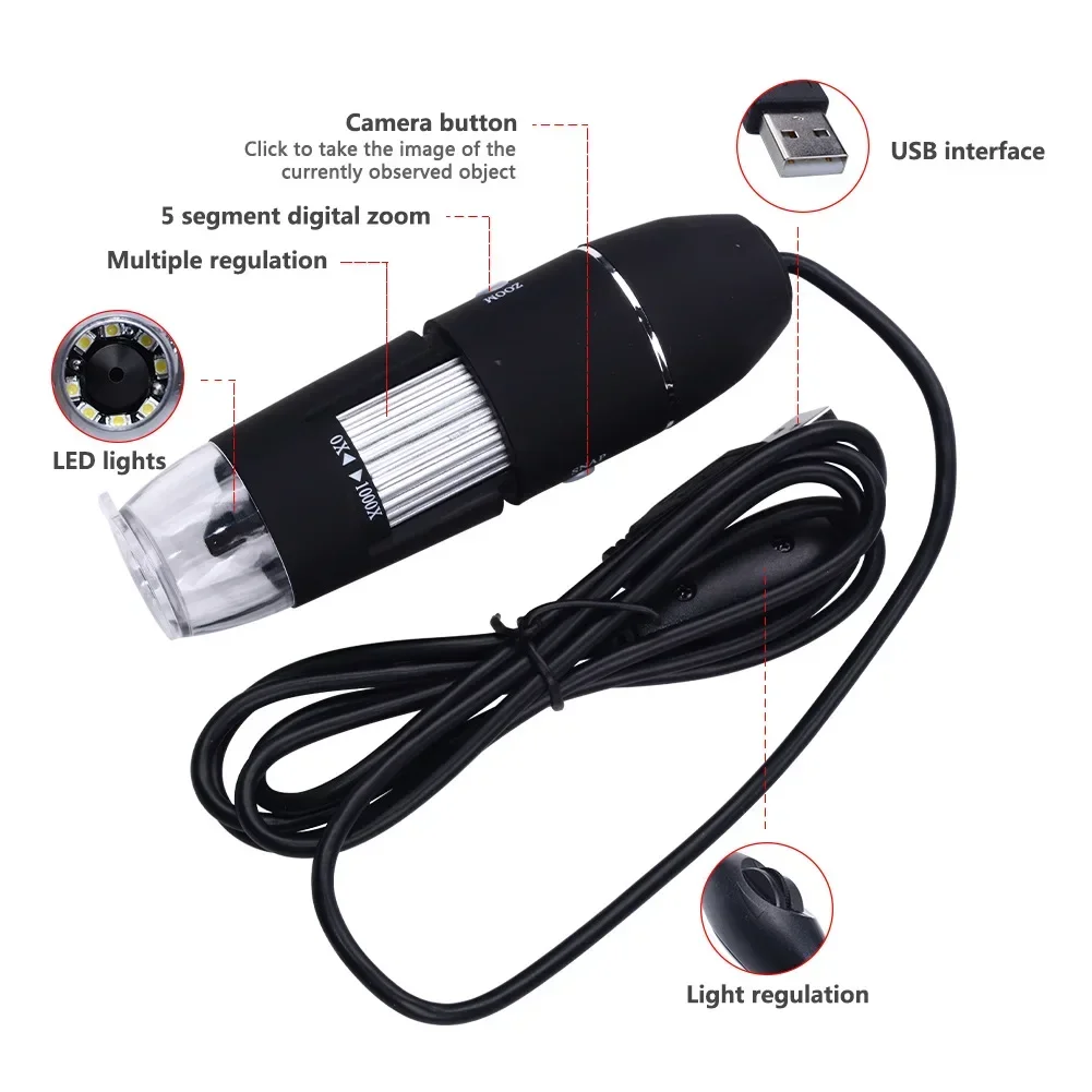 USB Mini Digital Microscope LED Light Source 1600x Magnification Monocular Optical Stereo Video Microscope fast shipping