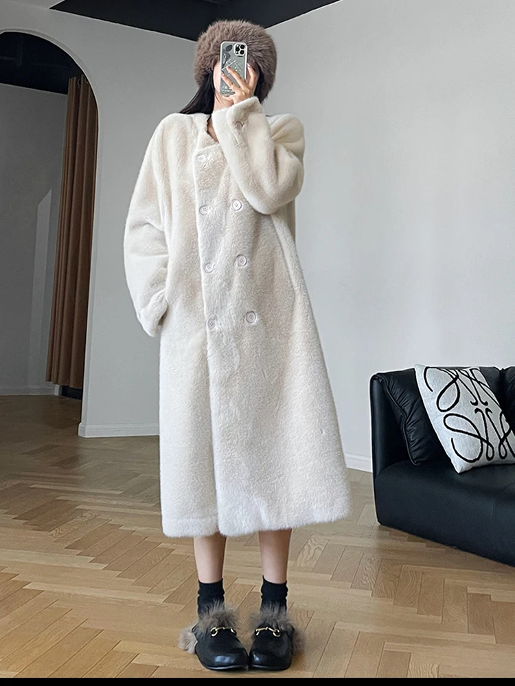 BZVW Korean Imitation Mink Fur Coat Women\'s O-neck Double Breasted Solid Color Mid Length Coats 2024 Autumn Winter New 25A8890