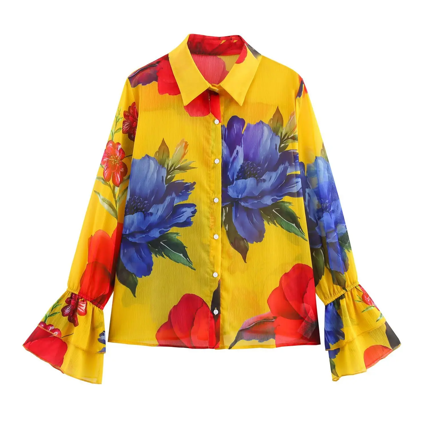 

2025 CHIC Autumn Lapel Flower Print See Through Organza Shirt Women Single-Breasted Buttons Full Sleeve Loose Blouses Tops