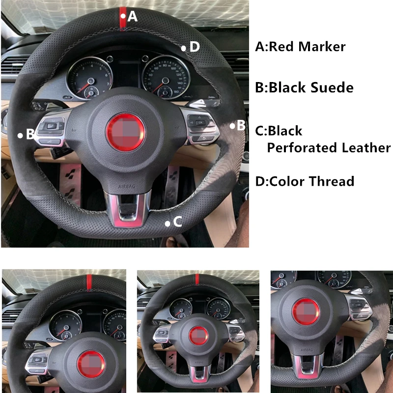 Black Suede Leather Car Steering Wheel Cover for Volkswagen Golf 6 GTI MK6 VW Polo GTI Scirocco R Passat CC R-Line 2010