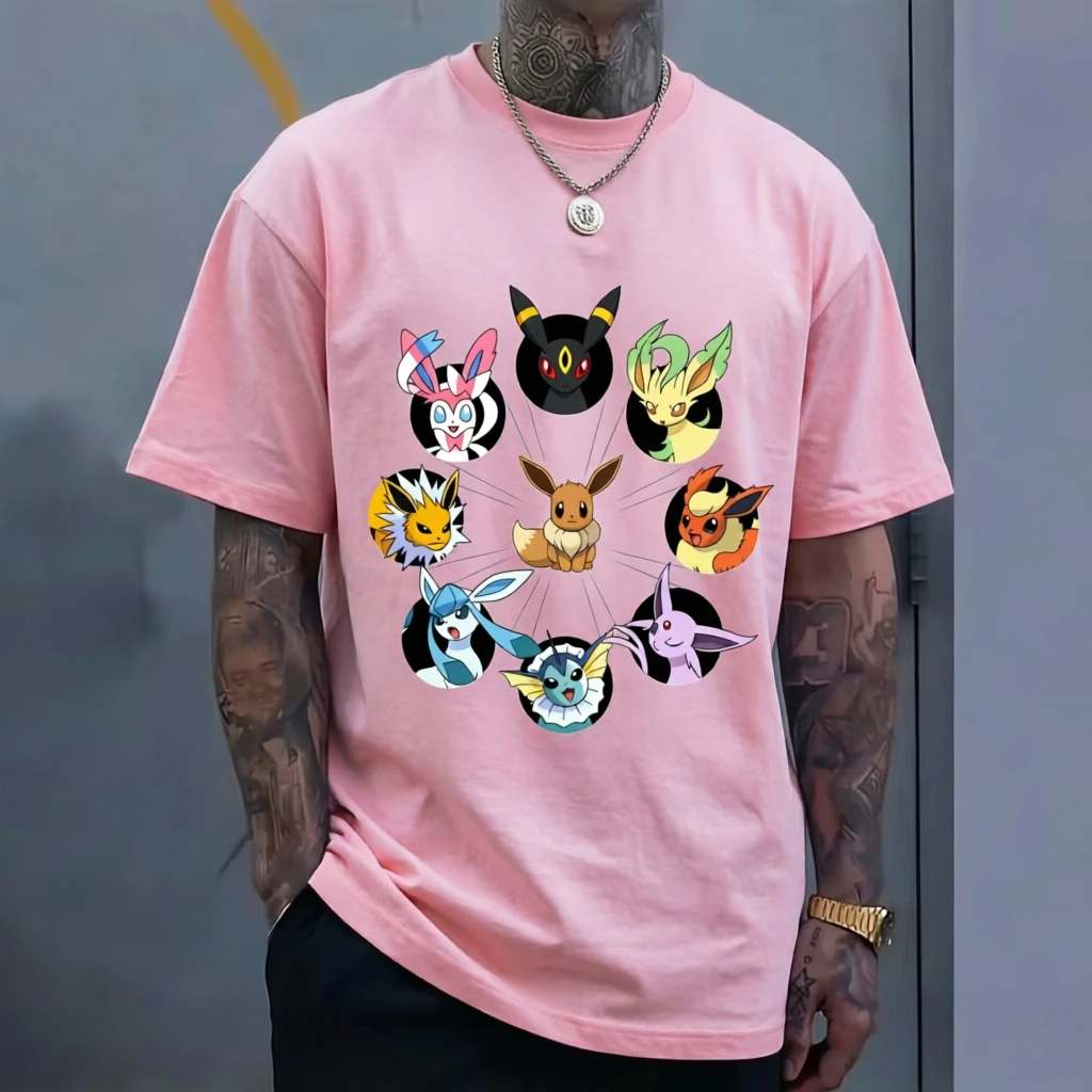 Pokemon Eevee Evolution T-shirt Eeveelutions All Forms Print Men Anime Short Sleeve Cotton Casual Streetwear Tee Tops view 3