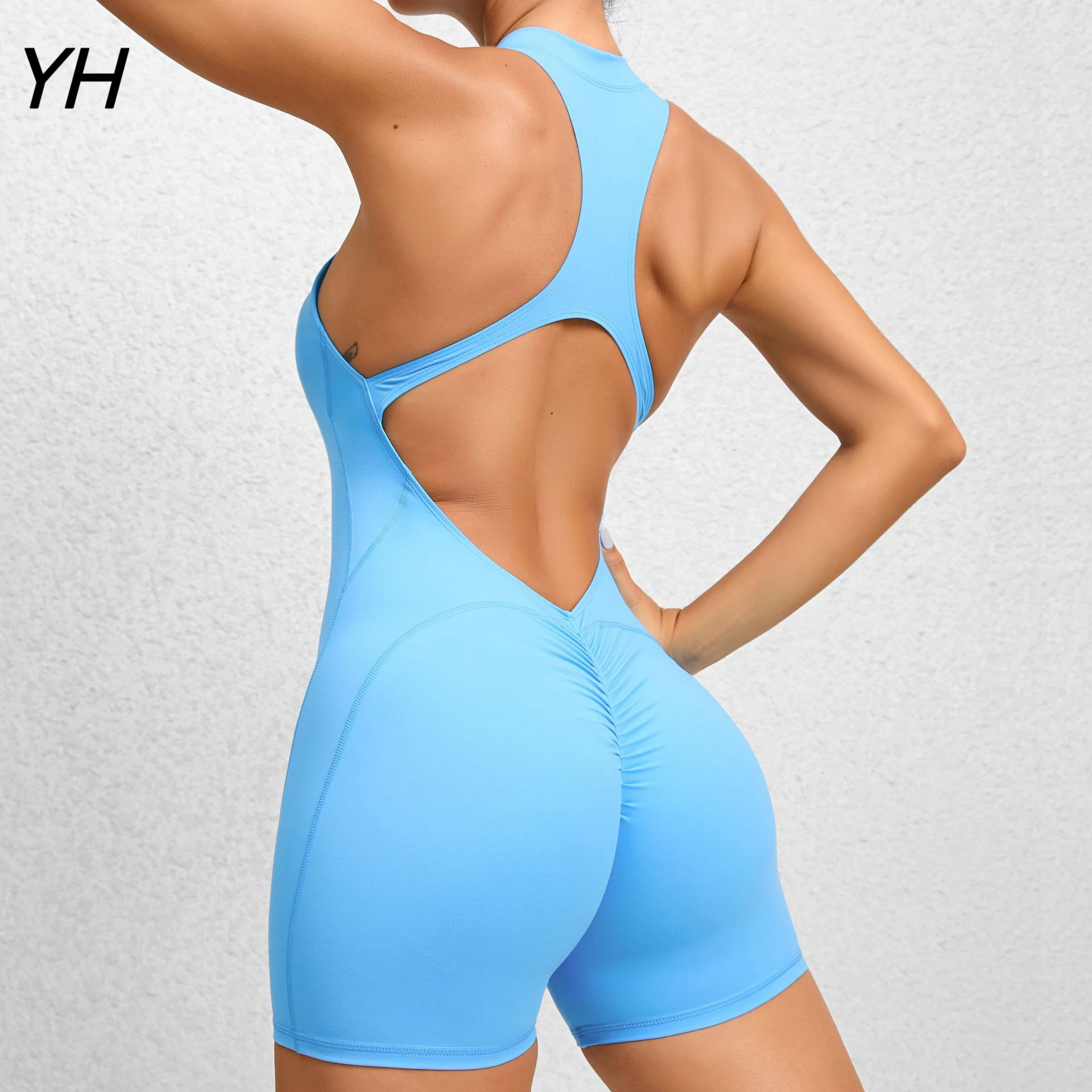 

2023 Pad Sleeveless Vest Exercise Crop Yoga Set One Piece Jumpsuit Women Sport Gym Workout Fitness Scrunch Shorts Active Rompers