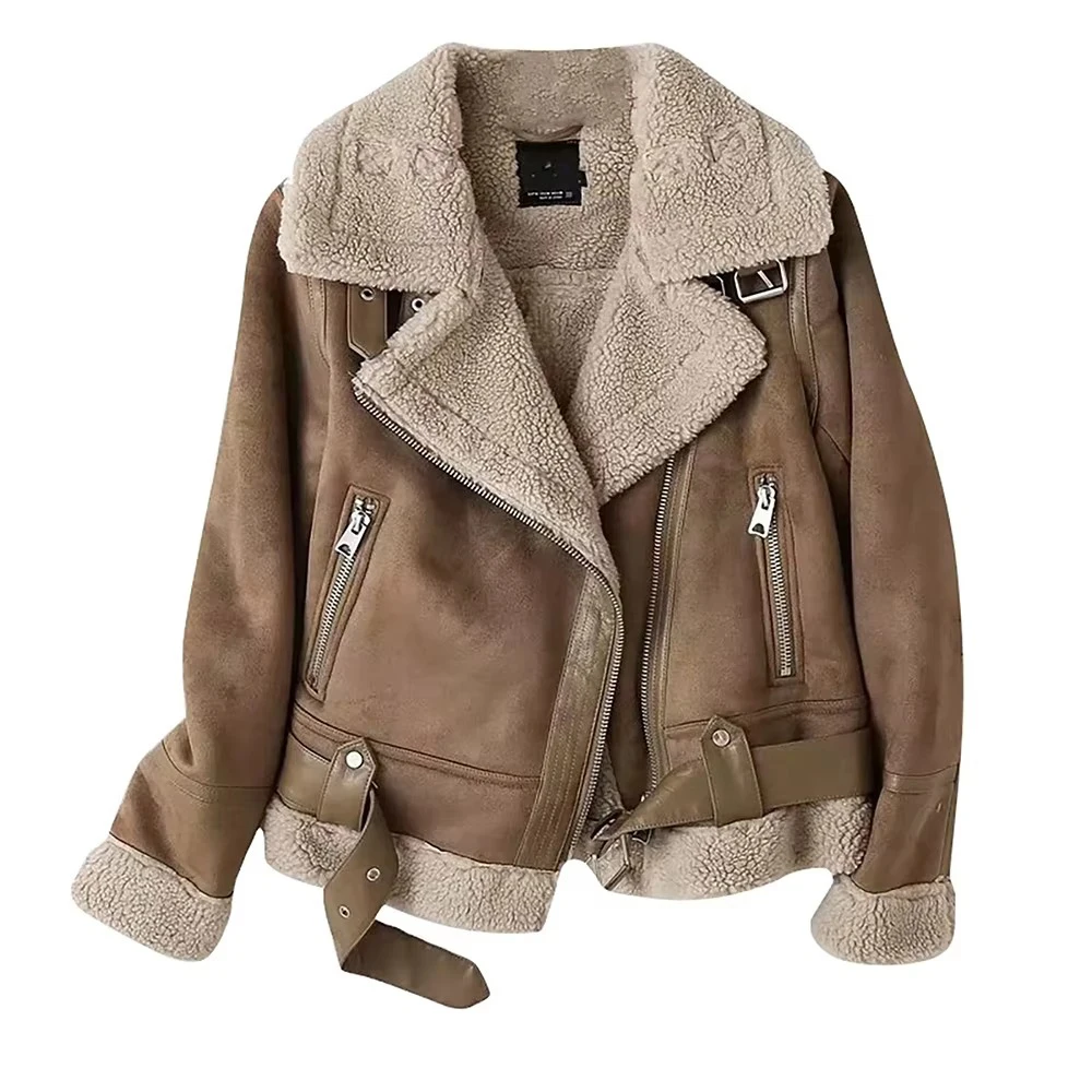 Winter Women Thick Warm Suede Lamb Jacket Short Motorcycle Brown Coats Faux Shearling Sheepskin Leather Jackets Outwear