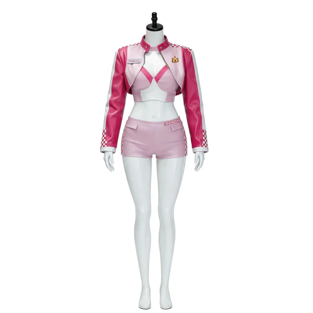 Game Princess Peach Cosplay Costume Women Pink Leather Racing Suit Sexy Top Shorts Outfits Anime Uniform Carnival Clothes view 5