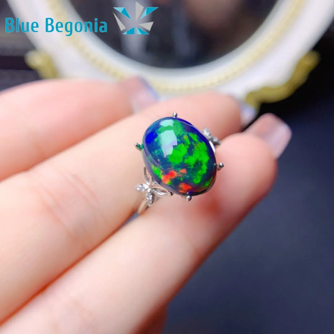 Natural Real Black Opal Ring for Women S925 Sterling Silver Anniversary JewelryGift 10*14MM Genuine Gemstone