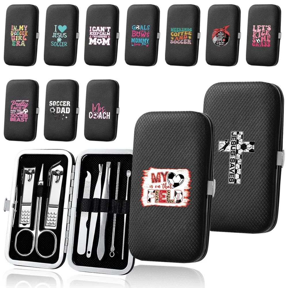 

8-in-1 Manicure Pedicure Set Stainless Steel Nail Clipper Kit Professional Nail Care Grooming Tools Soccer Text Pattern