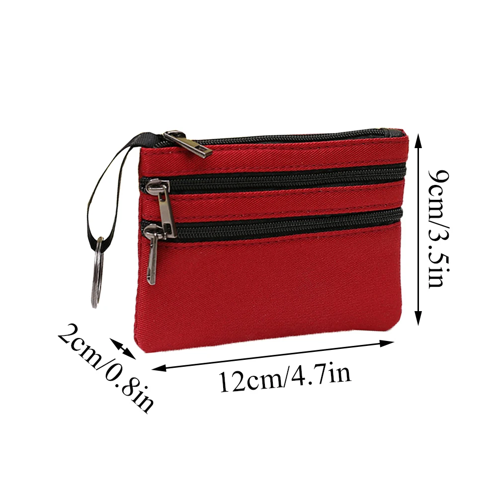 3 Zippers Canvas Coin Purse Women\'s Mini Wallet Solid Change Purses With Keychain Money Bags Coin Key Storage Bag Card Holder