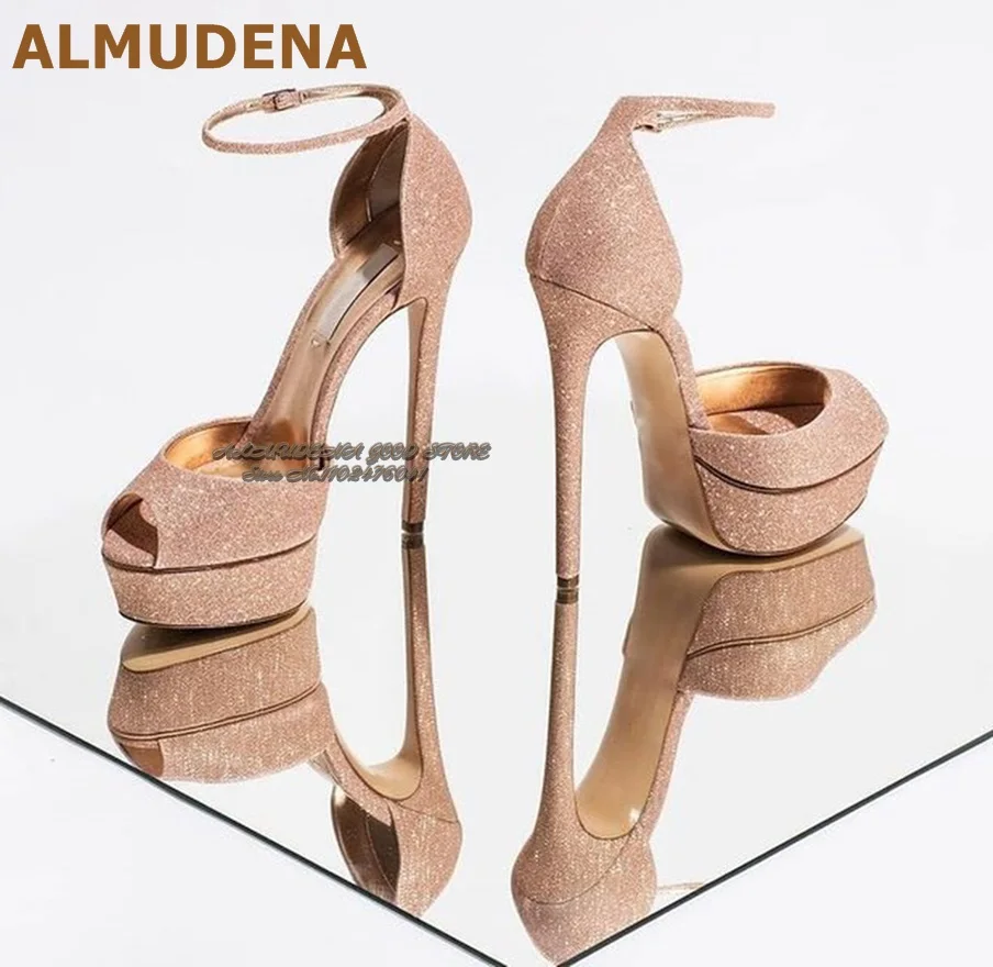 

ALMUDENA Gold Sequined High Heel Shoes Open Toe Platform Glitter Wedding Pumps Concise Bling Bling Bride Shoes Size46 Dropship