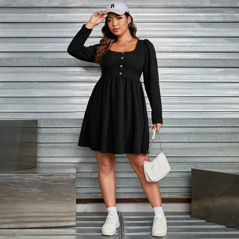 Vestido feminino plus size na altura do joelho manga comprida preto sólido vestido grande para mulheres outono inverno