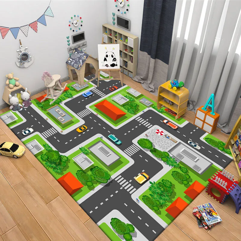 Vintage Kids Road Map Play Area Rug City Buildings Print NonSlip Floor Mat for Kids Room Playroom Toy Car Decor Rugs for Bedroom