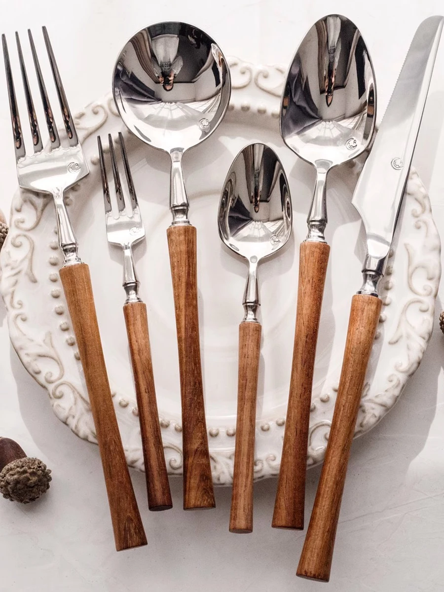 طقم شوكة وملعقة من الفولاذ المقاوم للصدأ 304 من Retro Sle Ins مع مقبض خشبي لتصميم الفواكه والأوساخ خفيف الوزن #2