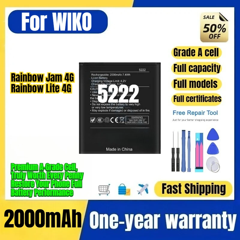 5222 for WIKO Rainbow Jam 4G/Rainbow Lite 4G Phone Battery High Capacity Battery Replacement Bateria Grade A Cell with Tools