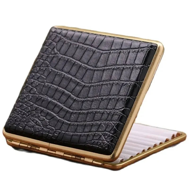 20 Cigarettes Kuboy Crocodile Pattern Cigarette Case With Leather Black Brass Double-Sided Bracket