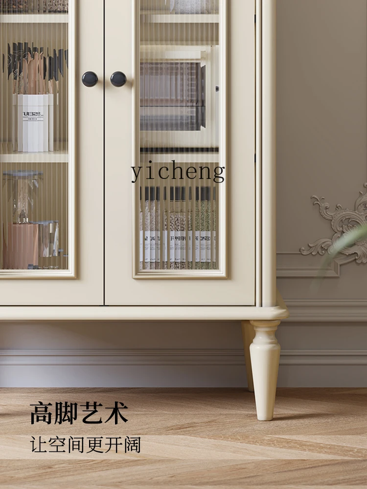 DSA White Edge Changhong Glass Tea Cabinet Cream Wind Living Room Storage Solid Wood Locker living room decoration
