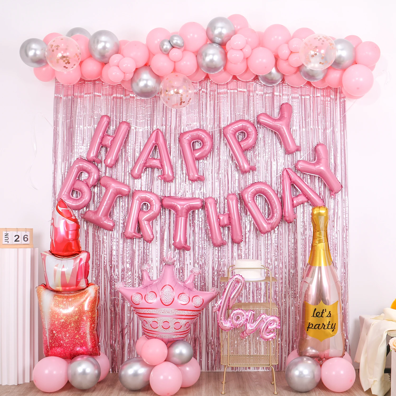 Ladies pink birthday party decoration, happy birthday for girls, pink tassel birthday banner, happy birthday letter balloon