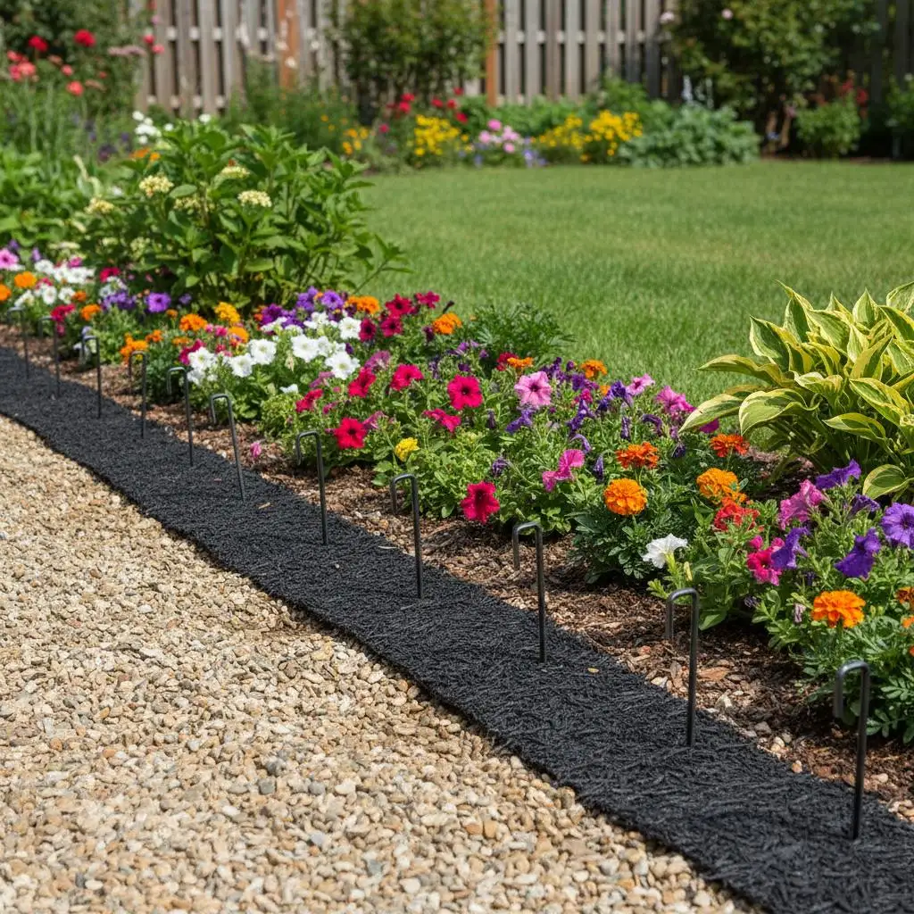 

Мульчирующий мат из переработанных материалов 120 x 4,5 дюйма для дорожек, клумб, садовых грядок, черный, с натуральной текстурой, гибкое ограждение