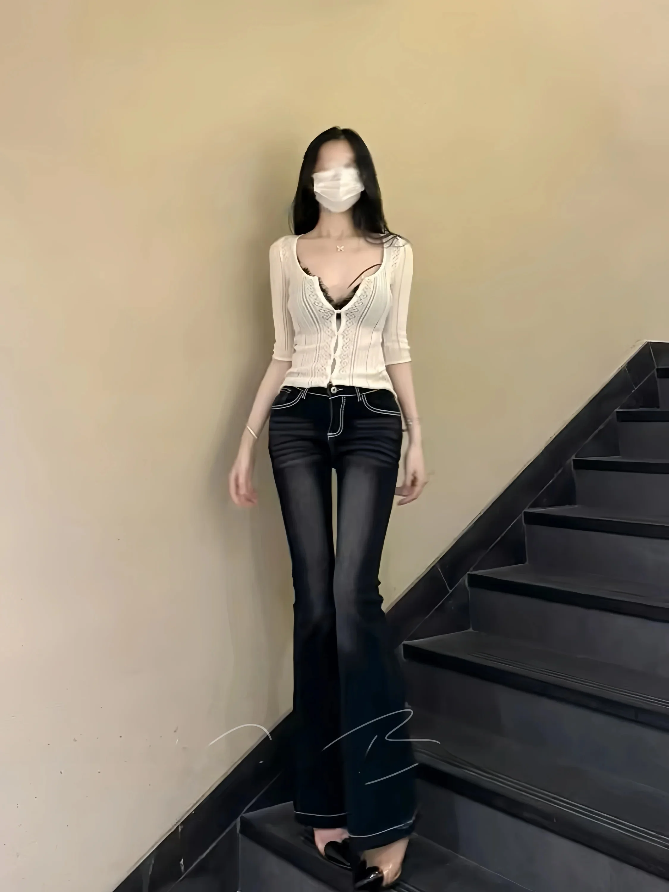 Low Waist Bell Bottom Slimming High Rise Jeans Korean Style Retro Long Pants Enhanced Hip Shape Whitening Process Denim