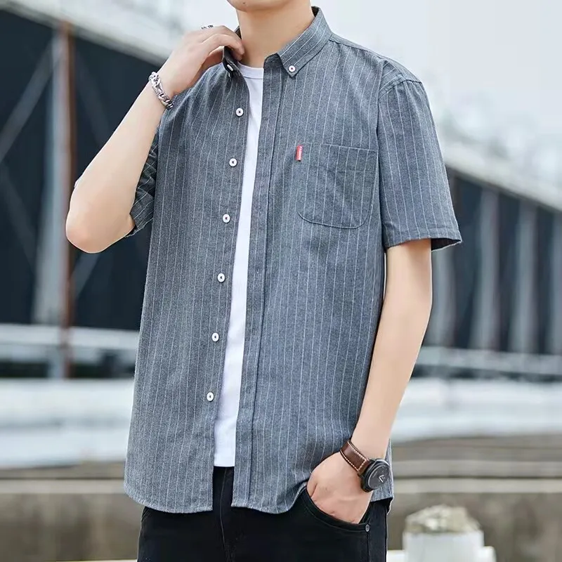Casual Stripe Men's Shirt Short Sleeve Summer Work Shirt 2026 New Korean Version Trendy No Ironing City Walk Polyester Fiber
