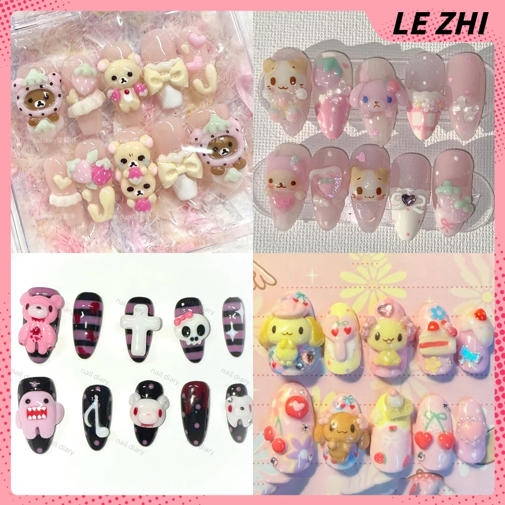 Cute Rabbit Bear Cat 3D Animals Press On Nails Art Stickers Strawberry Dot Pattern Note Almond Manicure Fake Nails