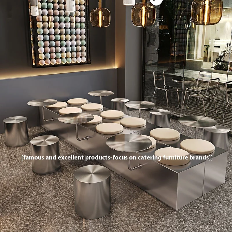 Customized Industrial-Style Restaurant Sets Stainless Steel Table Chair Red Cement Backrest Card Holder For Milk Tea Coffee