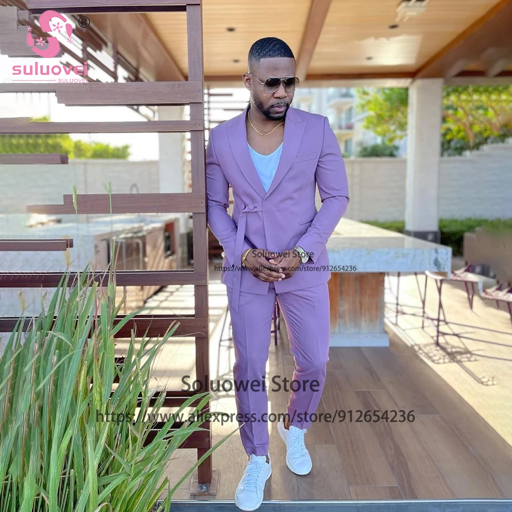 

Fashion Lilac Suits For Men Slim Fit African Groom Wedding Peaked Lapel Tuxedo 2 Piece Jacket And Pants Set Male Business Blazer