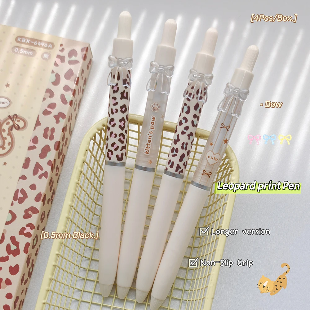 4Pcs Leopard Print Polka Dot Gel Pen Set 0.5mm Black Quick Dry Pen Fun Bow Writing Pens for Study and Office Use