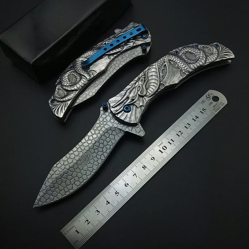 Silvery Demon Evil Dragon Snake Carving 3D Folding Knife with Clip Pocket Knives All Steel Stainless Cool For Collection Tool