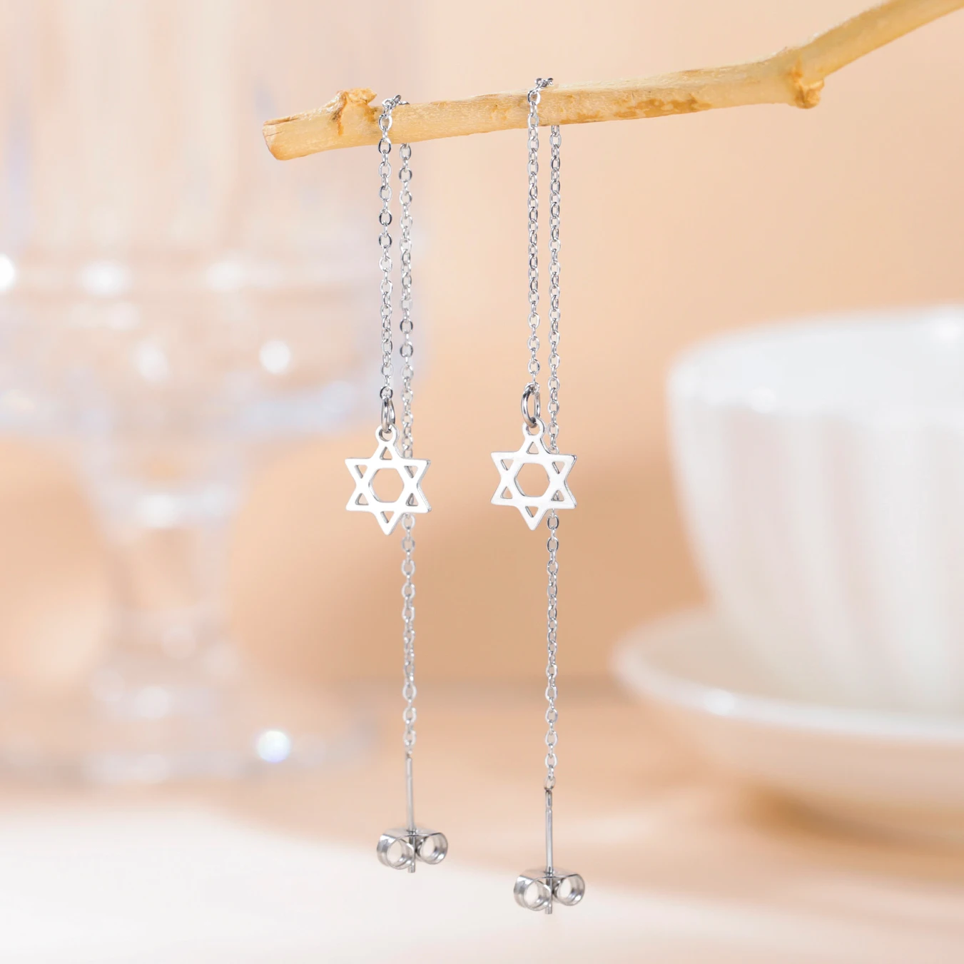 Teamer Jewish Star of David Hexagram Long Dangle Earrings for Women Girls Stainless Steel Earrings Amulet Vintage Jewelry Gift