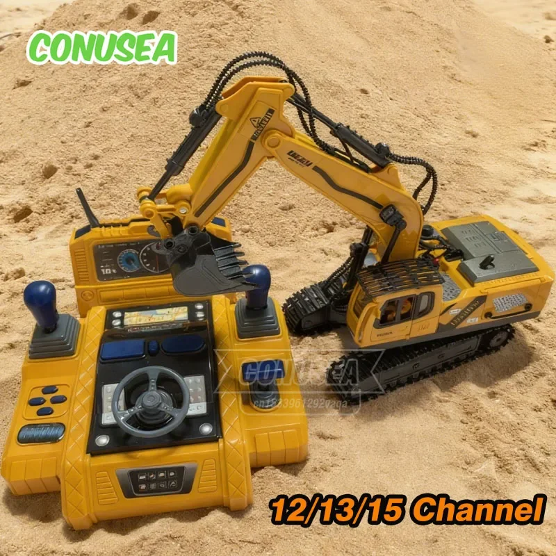 RC 굴착기 트럭 2.4G 무선 조종 자동차 스프레이 기능 12/13/15 채널 엔지니어링 차량 장난감 어린이 크리스마스 선물